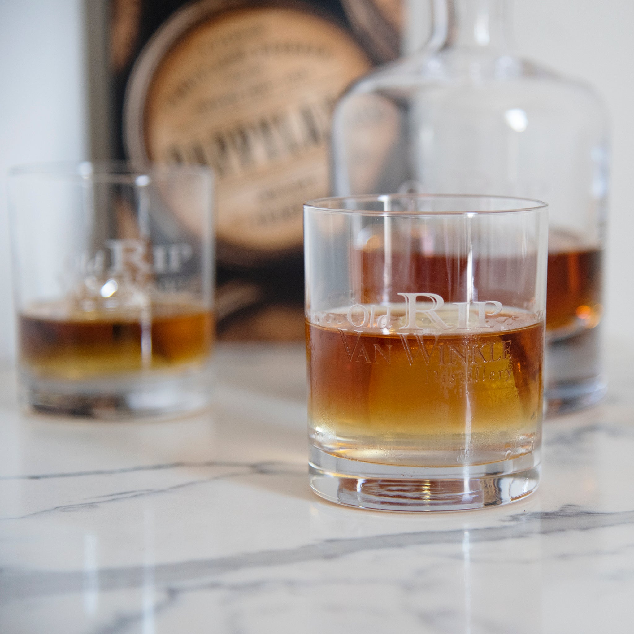 Old Rip Van Winkle Decanter & Set of 2 Rocks Glasses