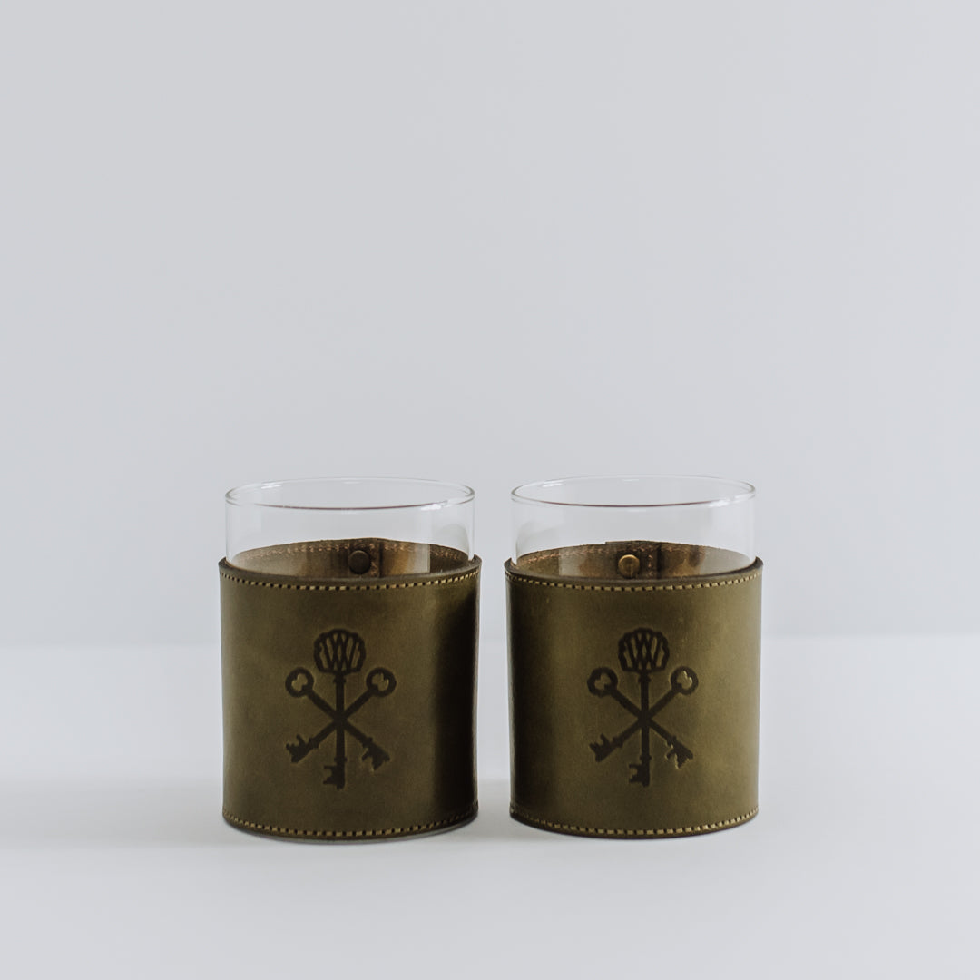 Olive Leather Wrapped Old Fashioned Glasses (Set of 2)