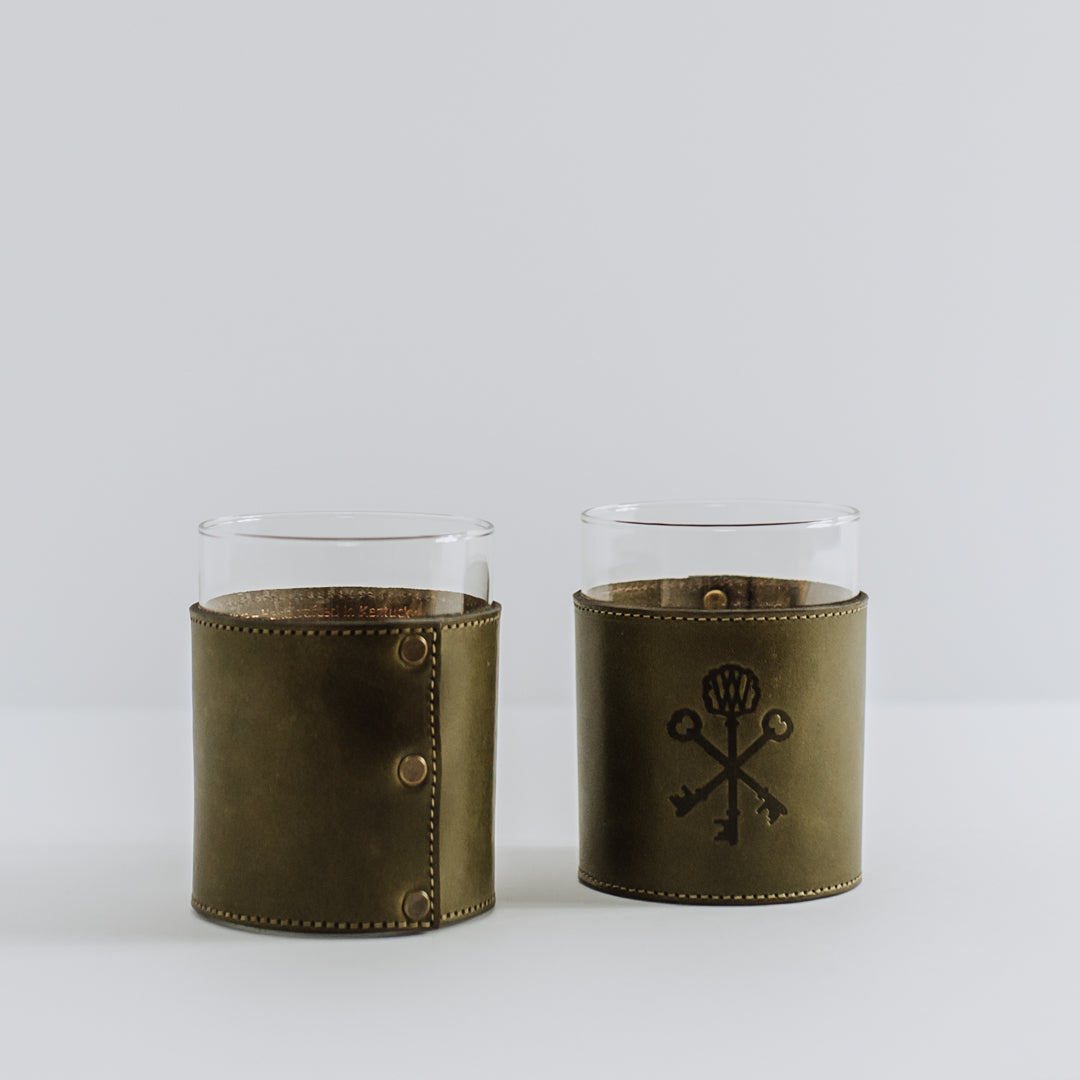Olive Leather Wrapped Old Fashioned Glasses (Set of 2)