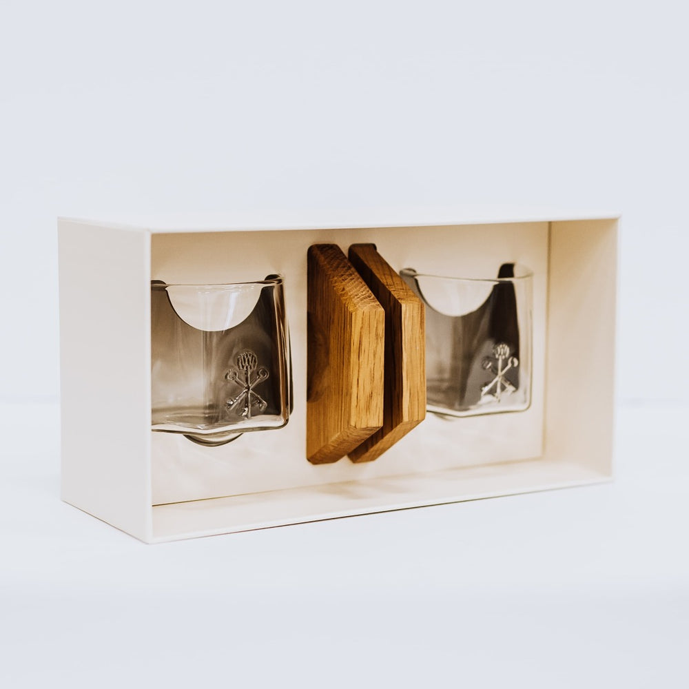 Spinning Glass Set w/ Barrel Coasters | Pappy & Company