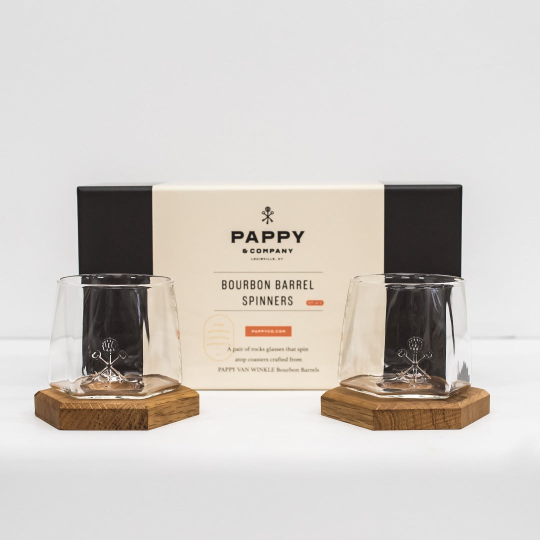 Pappy &amp; Company Spinning Glass Set with Barrel Stave Coasters