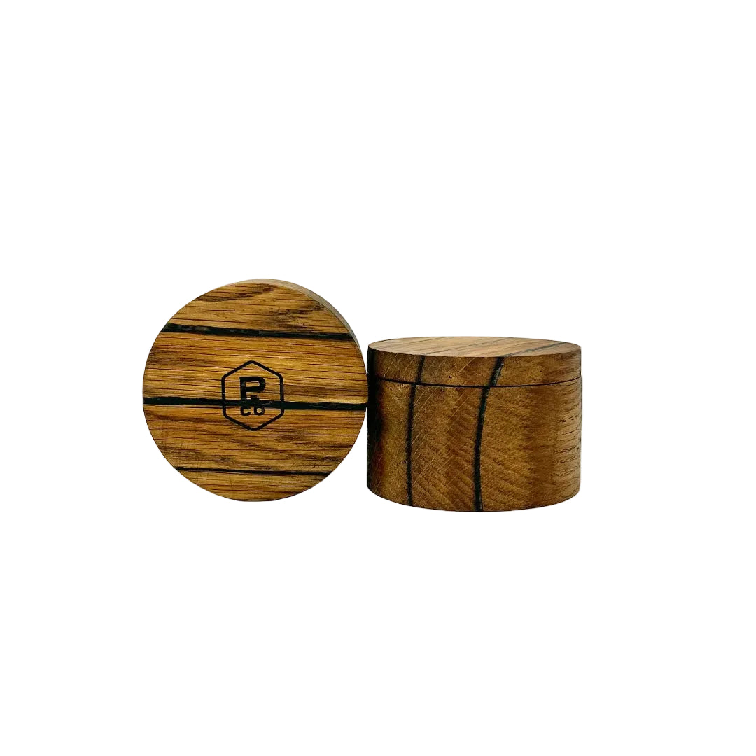 Wooden container for sea salt with Pappy & Company logo 