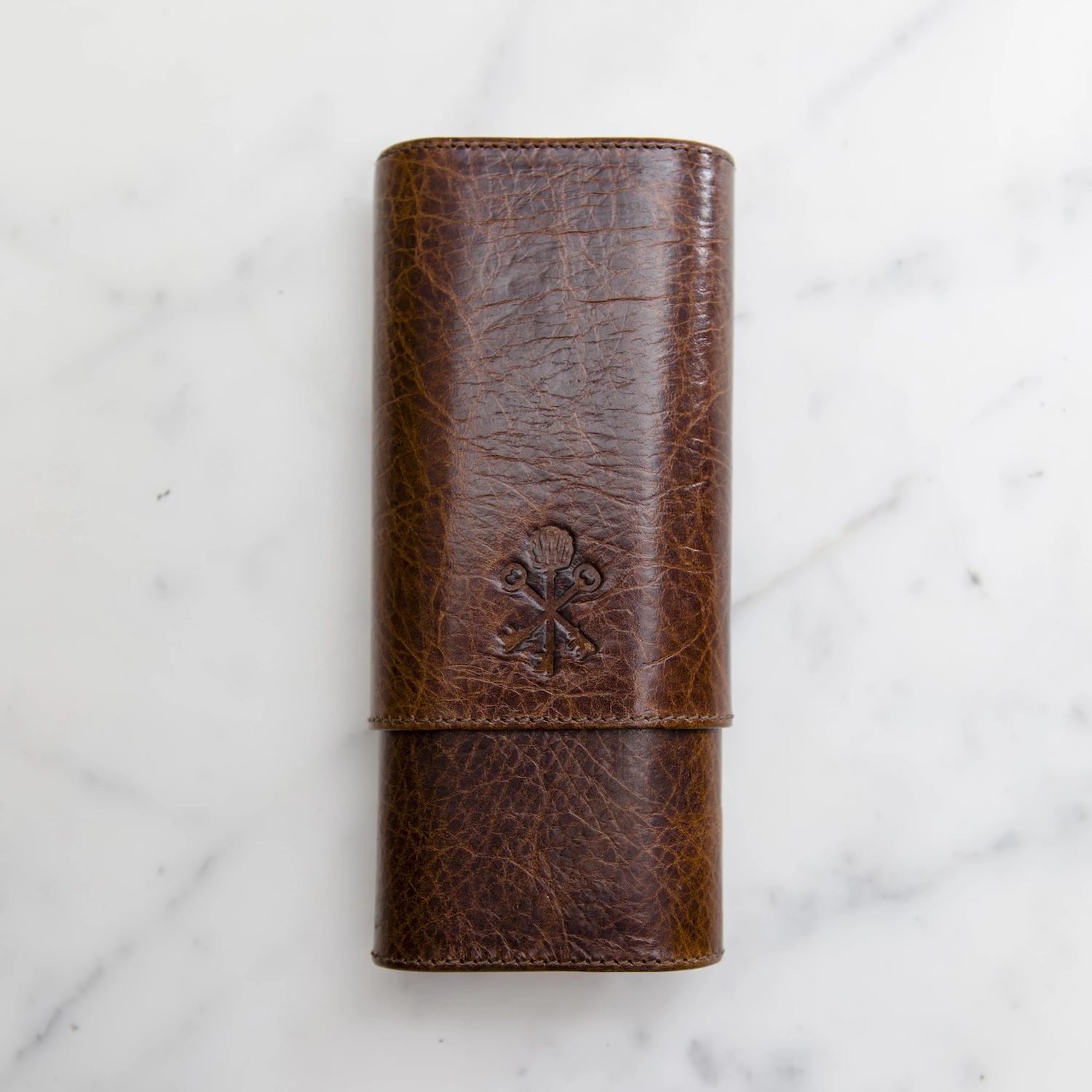 Custom "Show Band" 3-Cigar Case Made with Antique Saddle Brown Leather and Walnut Wood