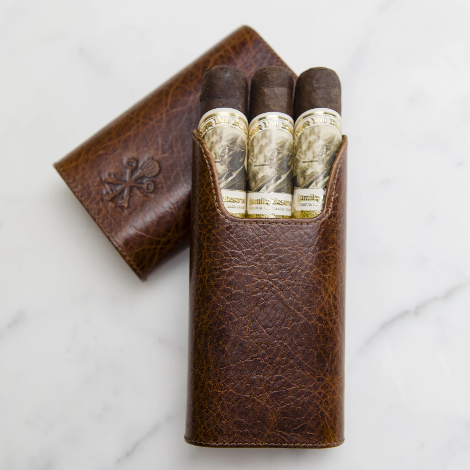 Custom "Show Band" 3-Cigar Case Made with Antique Saddle Brown Leather and Walnut Wood