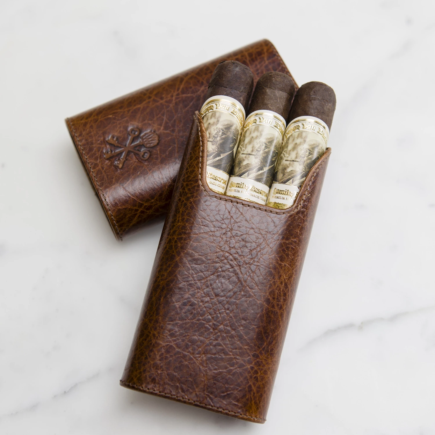 Custom "Show Band" 3-Cigar Case Made with Antique Saddle Brown Leather and Walnut Wood