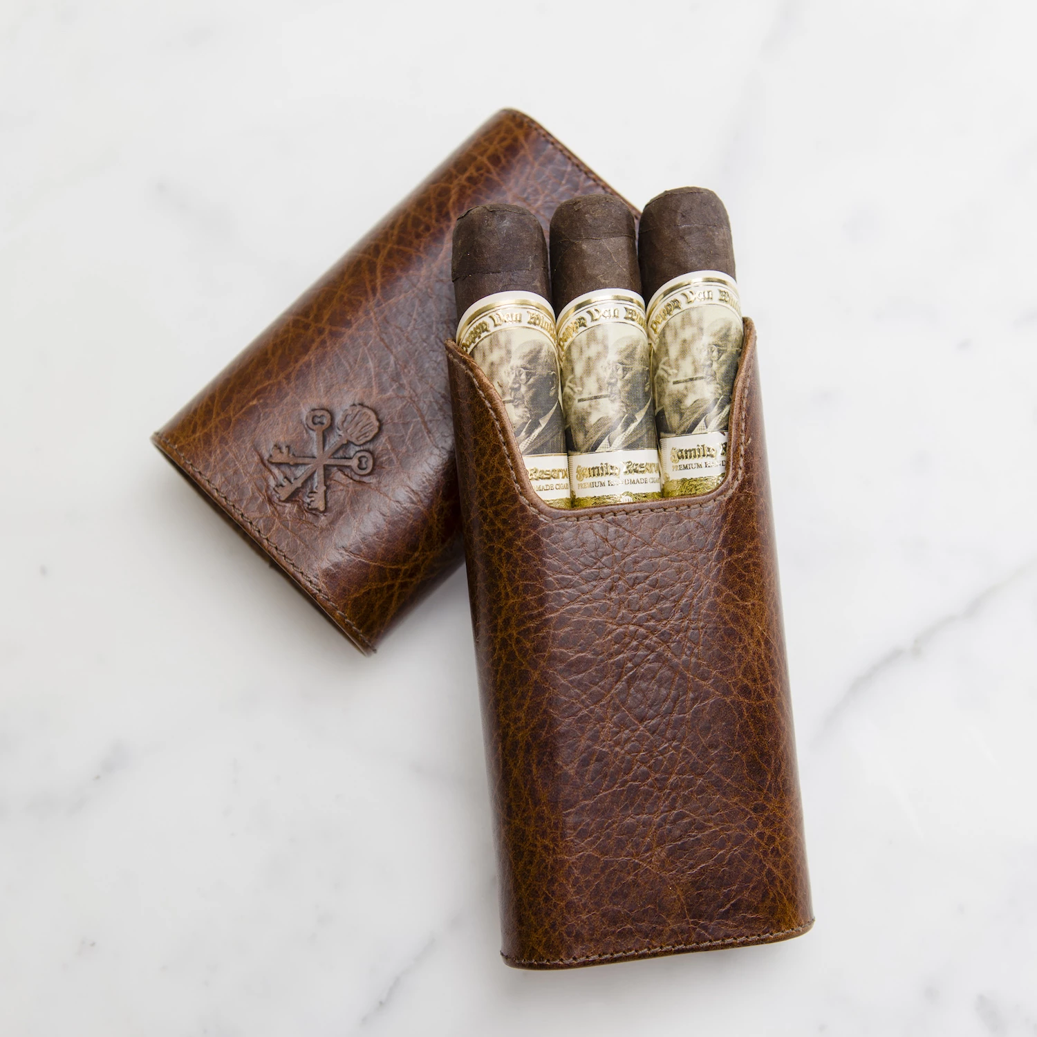 Custom "Show Band" 3-Cigar Case Made with Antique Saddle Brown Leather and Walnut Wood