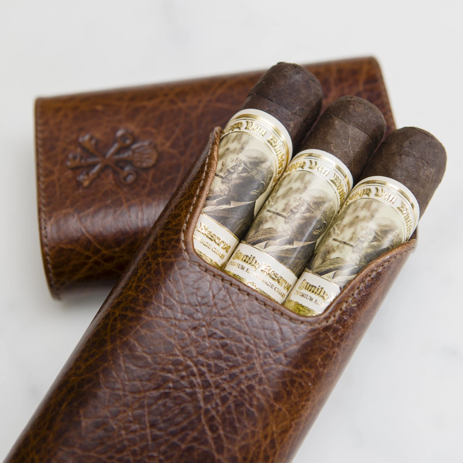 Custom "Show Band" 3-Cigar Case Made with Antique Saddle Brown Leather and Walnut Wood