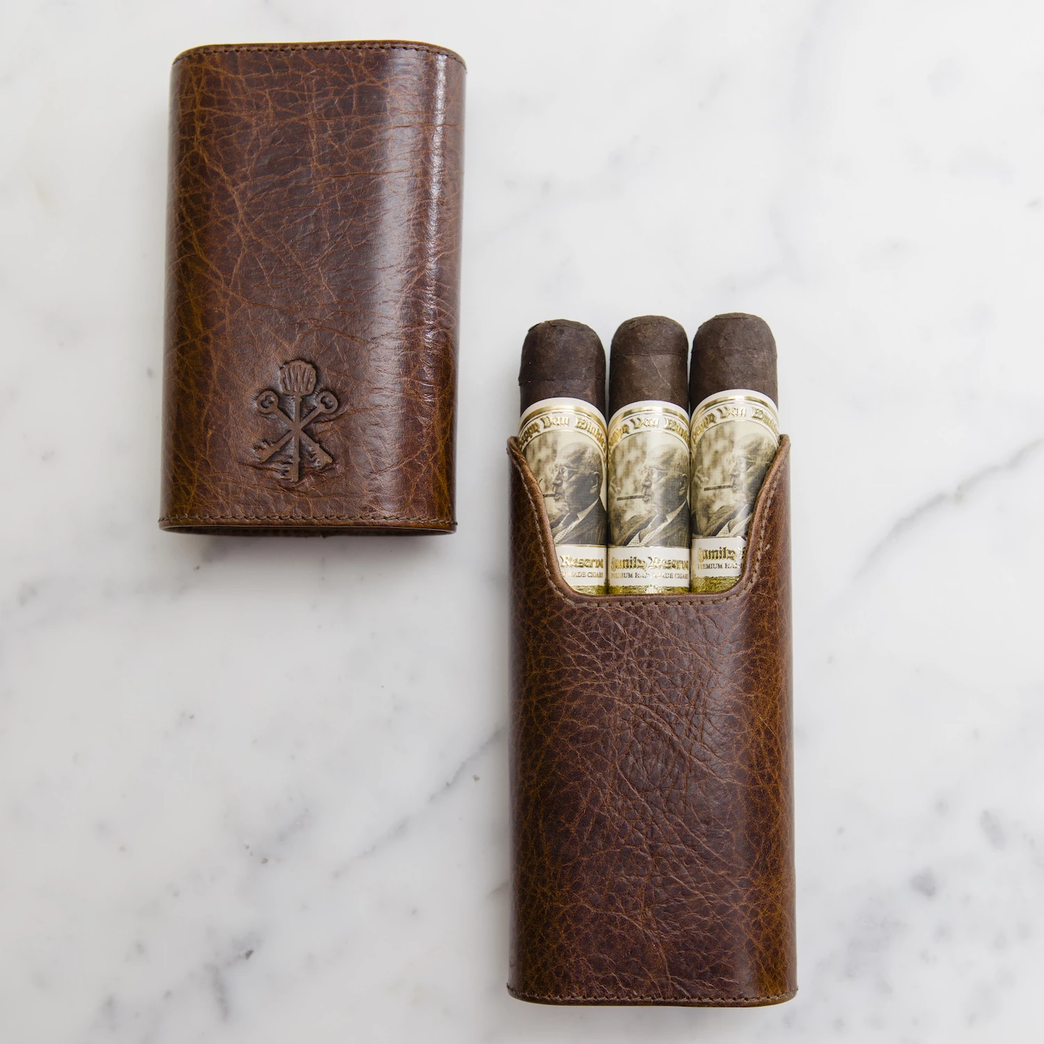 Custom "Show Band" 3-Cigar Case Made with Antique Saddle Brown Leather and Walnut Wood