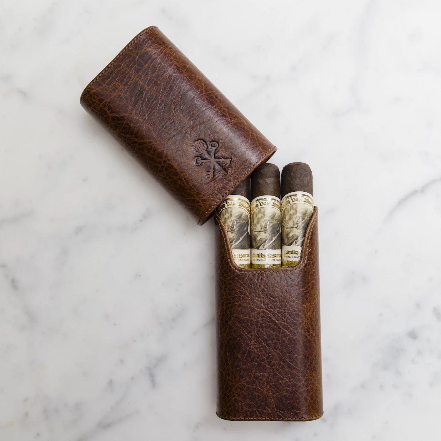 Custom "Show Band" 3-Cigar Case Made with Antique Saddle Brown Leather and Walnut Wood