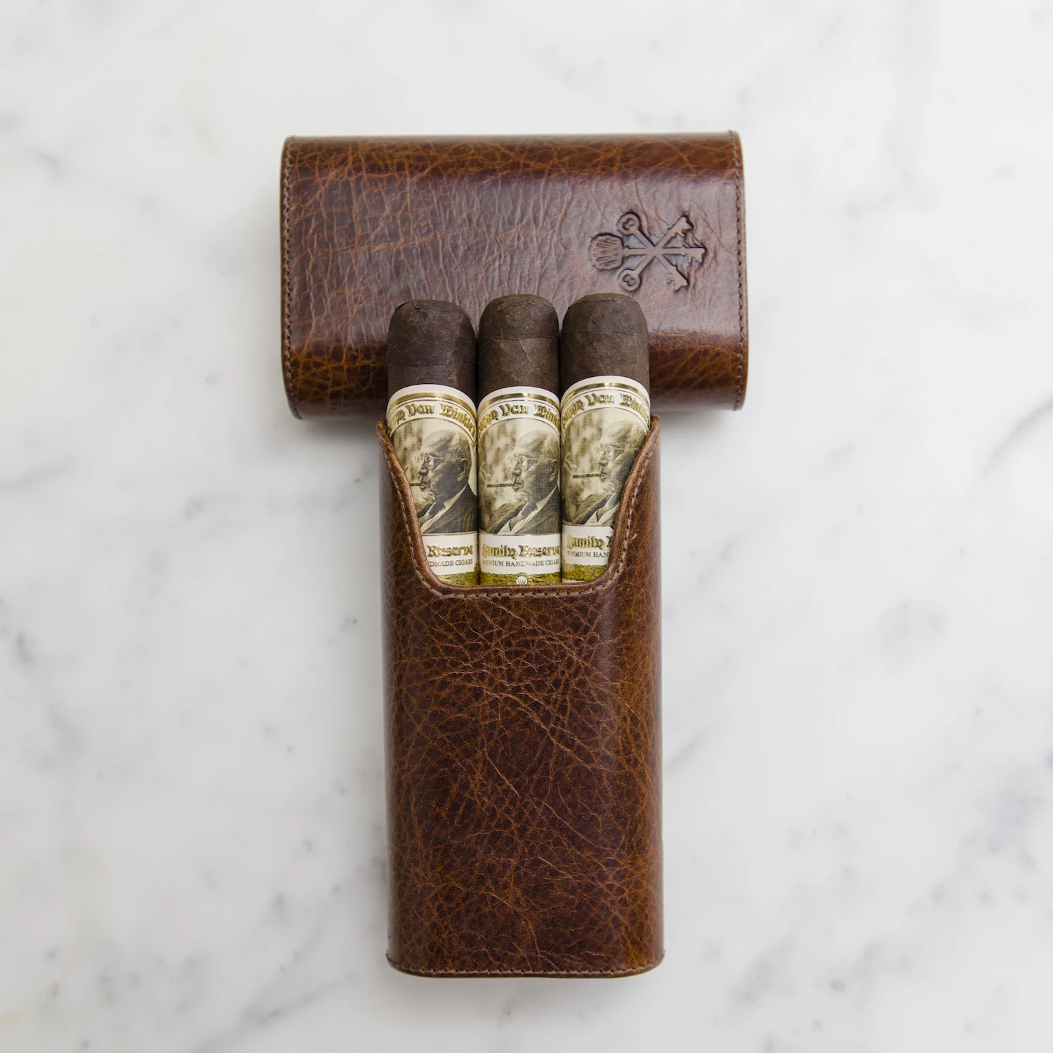 Custom "Show Band" 3-Cigar Case Made with Antique Saddle Brown Leather and Walnut Wood