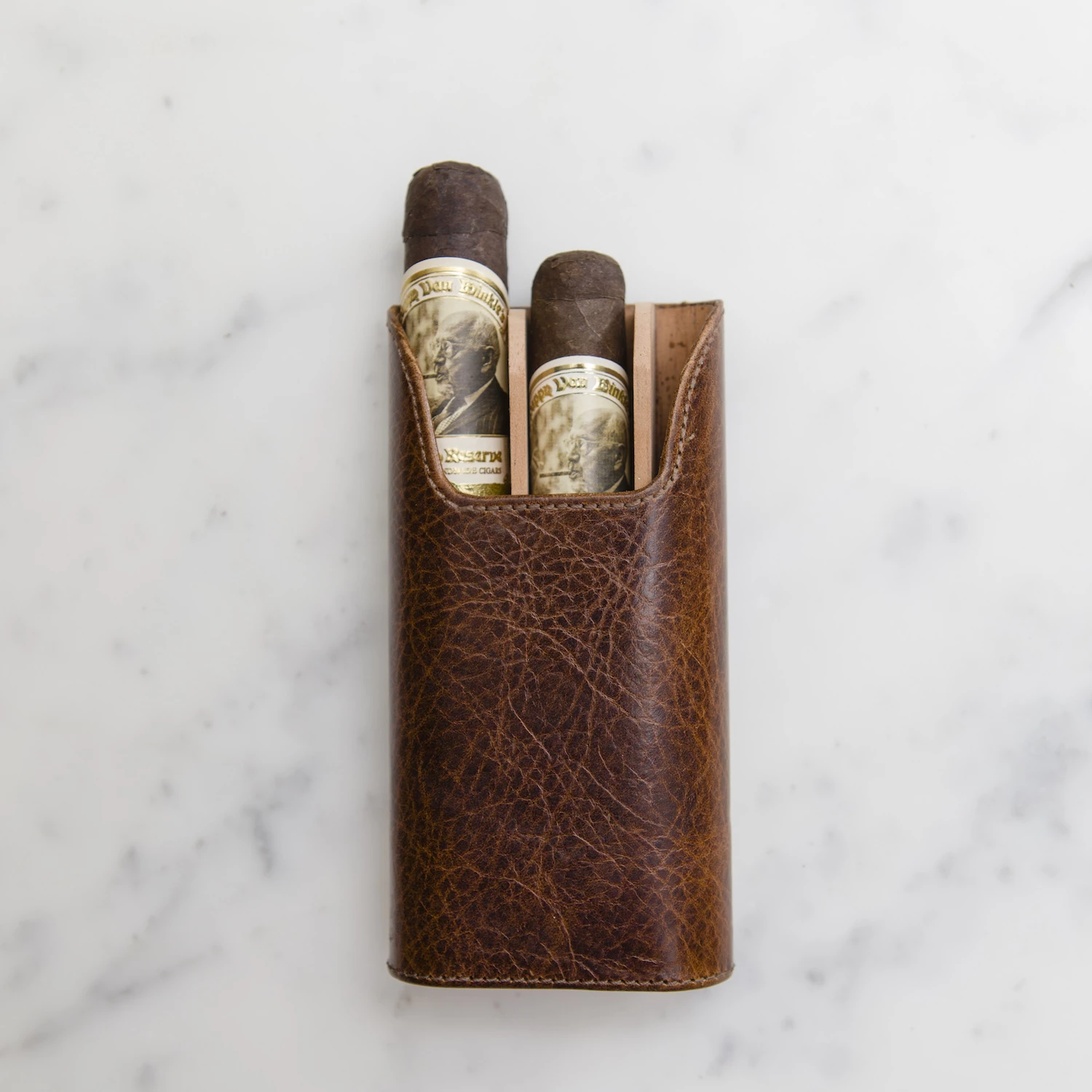 Custom "Show Band" 3-Cigar Case Made with Antique Saddle Brown Leather and Walnut Wood