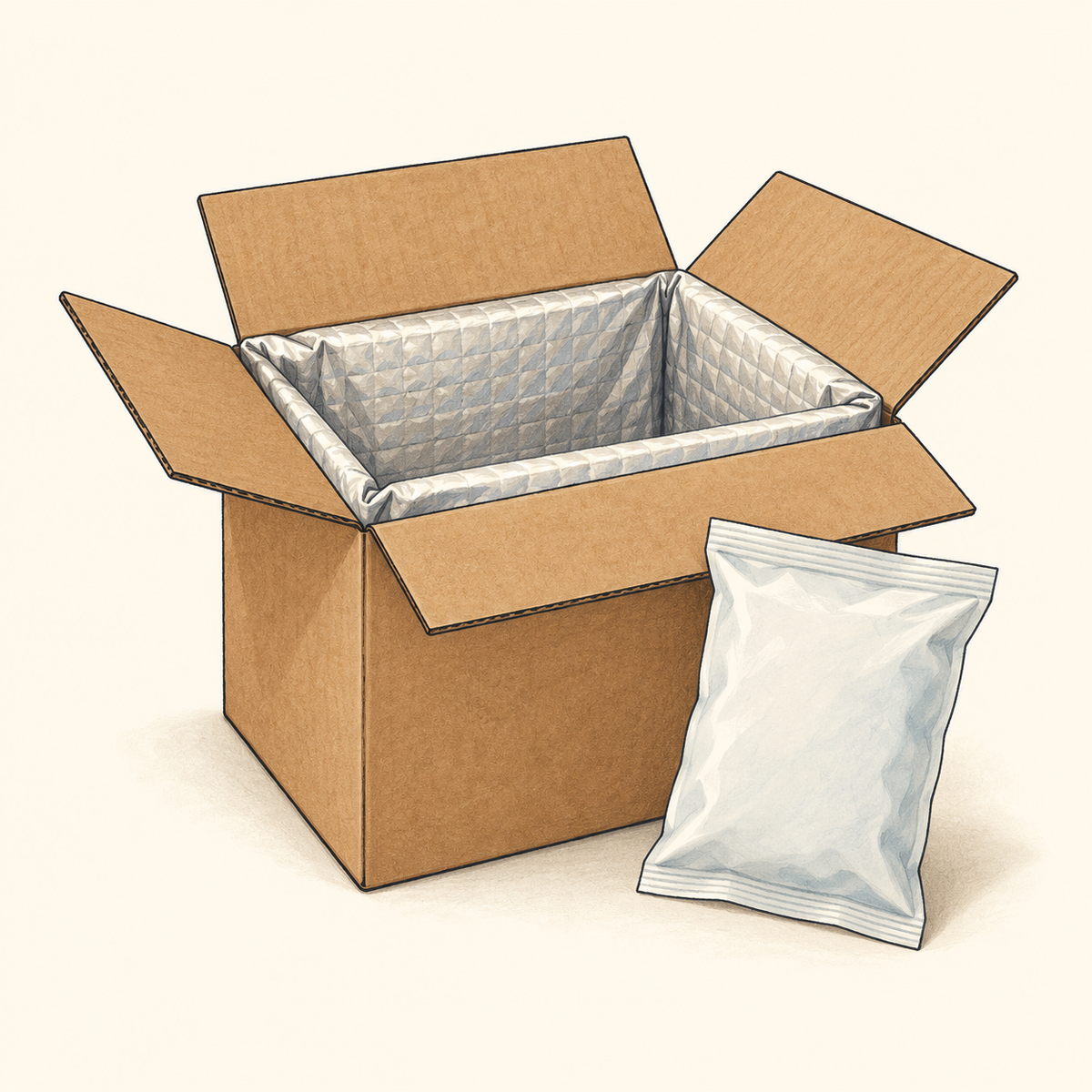 Illustration of a shipping box with thermal insulation and an ice pack