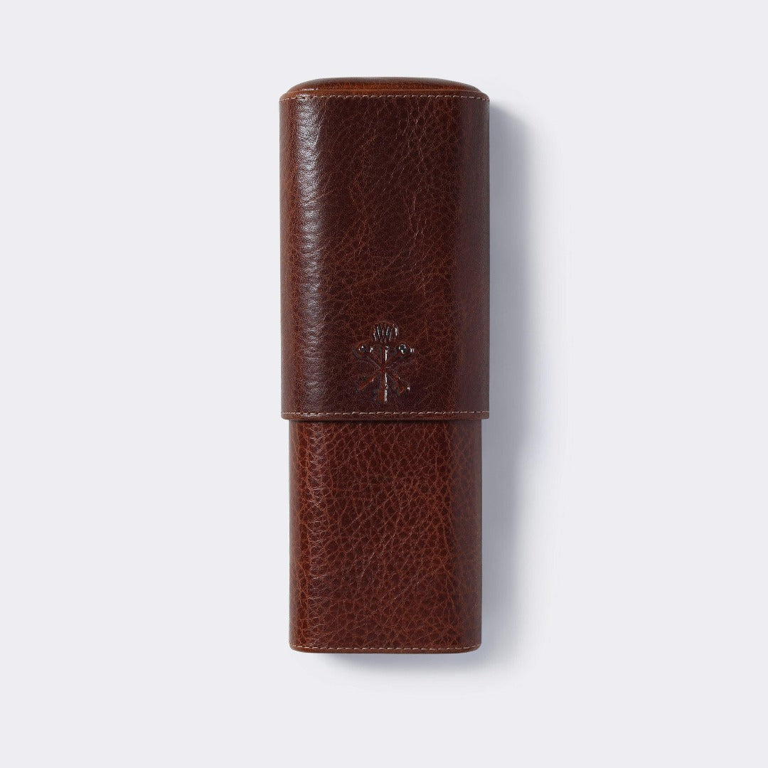 Custom "Show Band" 3-Cigar Case Made with Antique Saddle Brown Leather and Walnut Wood